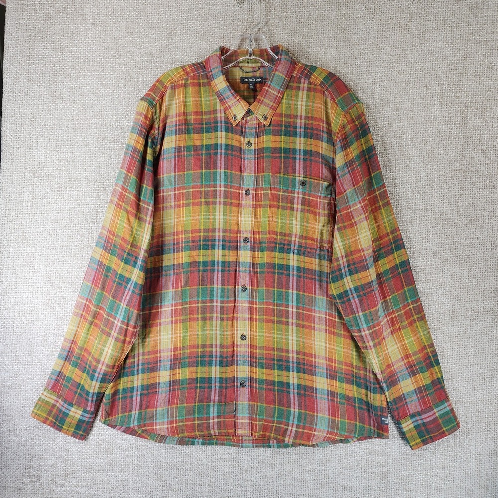 Toad & Co Airsymth Shirt Mens XL Red Gold Plaid Lightweight Cotton Blend Button